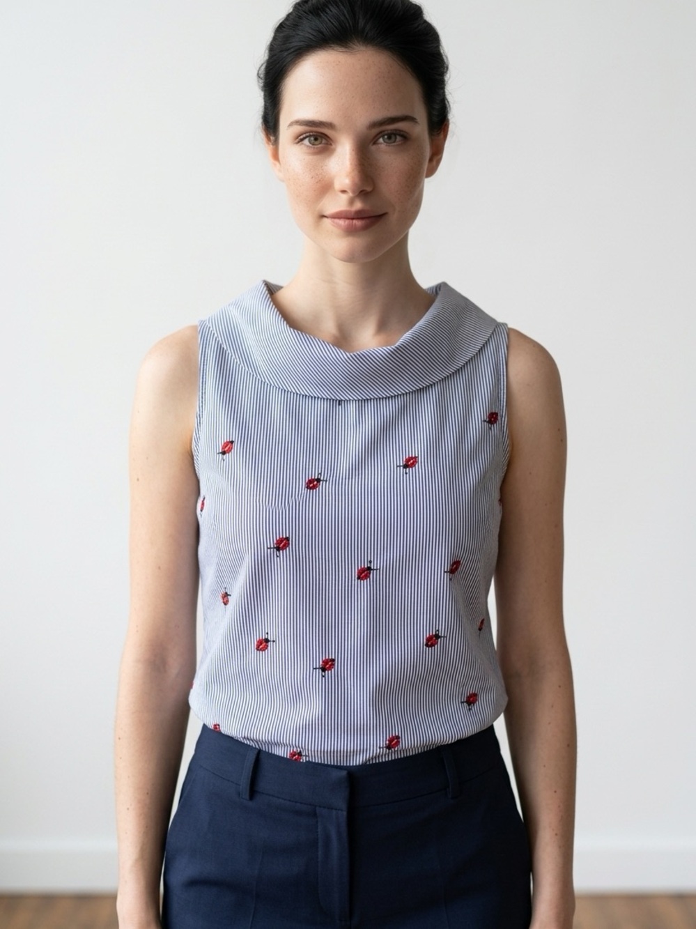 Blue Pinstripe Sleeveless blouse with Embroidered Ladybugs 🐞